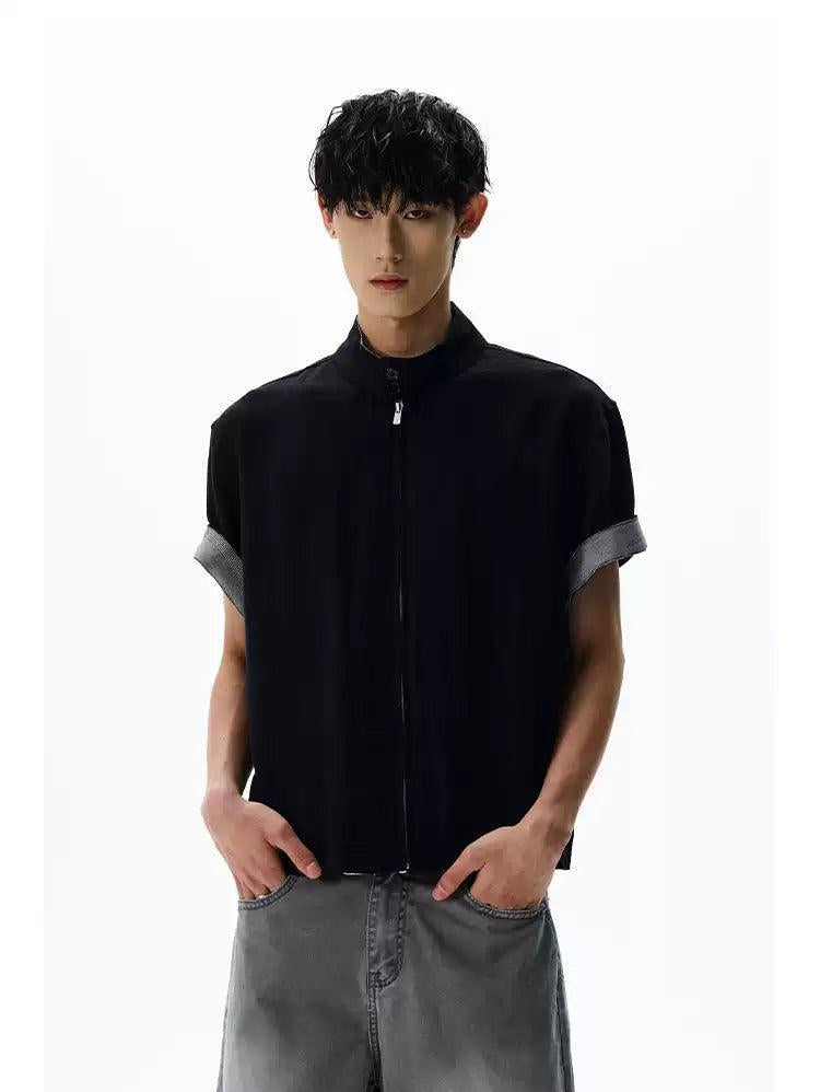 Stand Collar Boxy Zipped Shirt Korean Street Fashion Shirt By A PUEE Shop Online at OH Vault