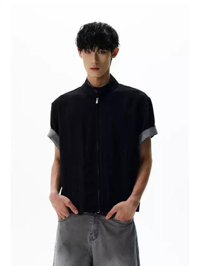 Stand Collar Boxy Zipped Shirt Korean Street Fashion Shirt By A PUEE Shop Online at OH Vault