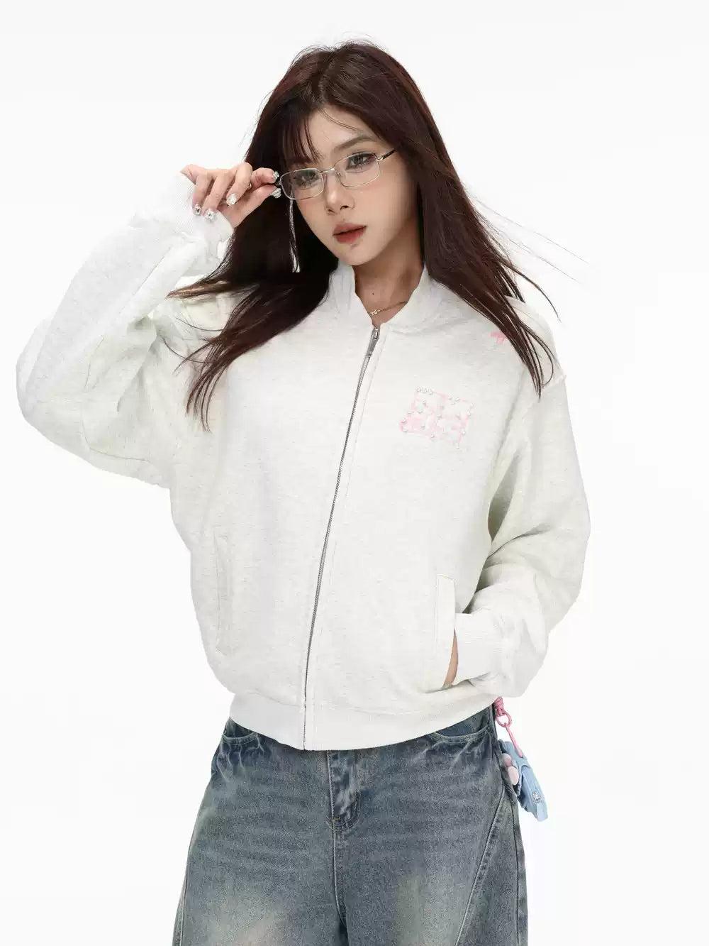 Pearled Logo Zipped Jacket Korean Street Fashion Jacket By INS Korea Shop Online at OH Vault