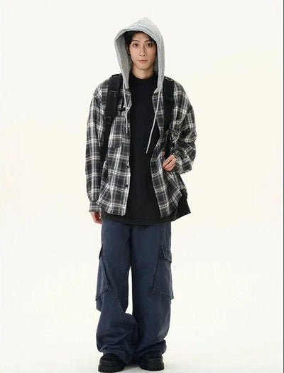 Drawcord Plaid Hooded Shirt Korean Street Fashion Shirt By 77Flight Shop Online at OH Vault