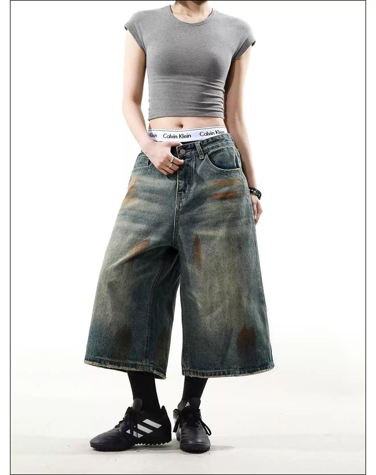 Stain Washed Wide Denim Shorts Korean Street Fashion Shorts By Mr Nearly Shop Online at OH Vault