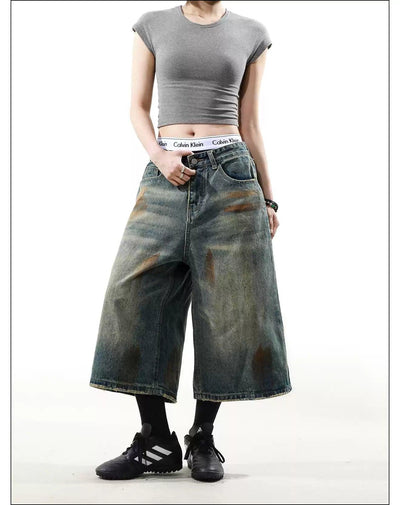 Stain Washed Wide Denim Shorts Korean Street Fashion Shorts By Mr Nearly Shop Online at OH Vault