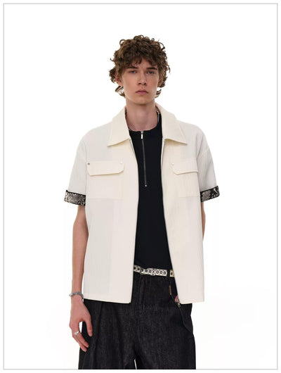 Flap Pockets Spliced Sleeve Zipped Shirt Korean Street Fashion Shirt By Mr Nearly Shop Online at OH Vault