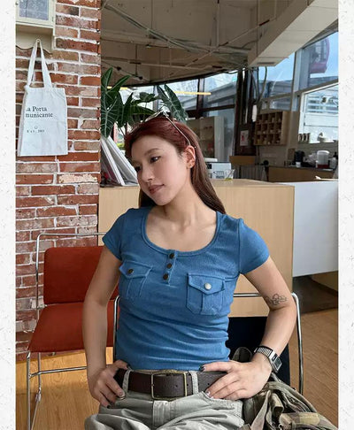 Breast Pockets Slim T-Shirt Korean Street Fashion T-Shirt By Made Extreme Shop Online at OH Vault