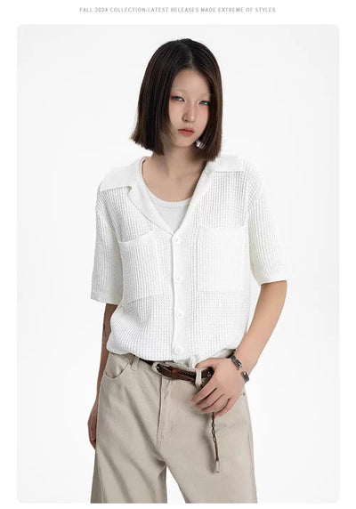 Textured Breast Pocket Knit Shirt Korean Street Fashion Shirt By Made Extreme Shop Online at OH Vault
