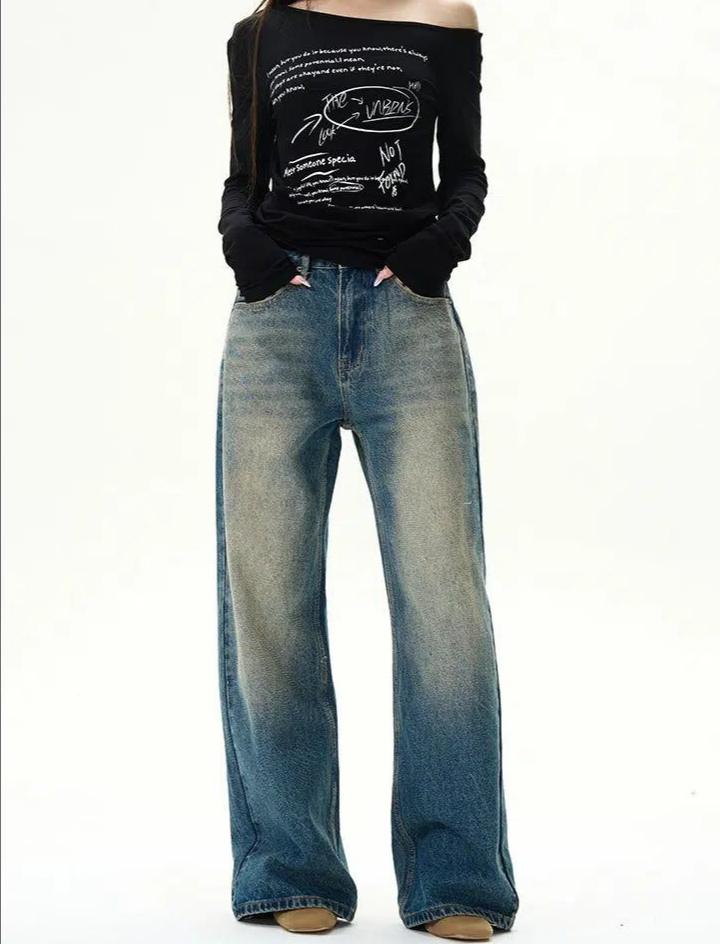 Classic Faded Straight Jeans Korean Street Fashion Jeans By 77Flight Shop Online at OH Vault