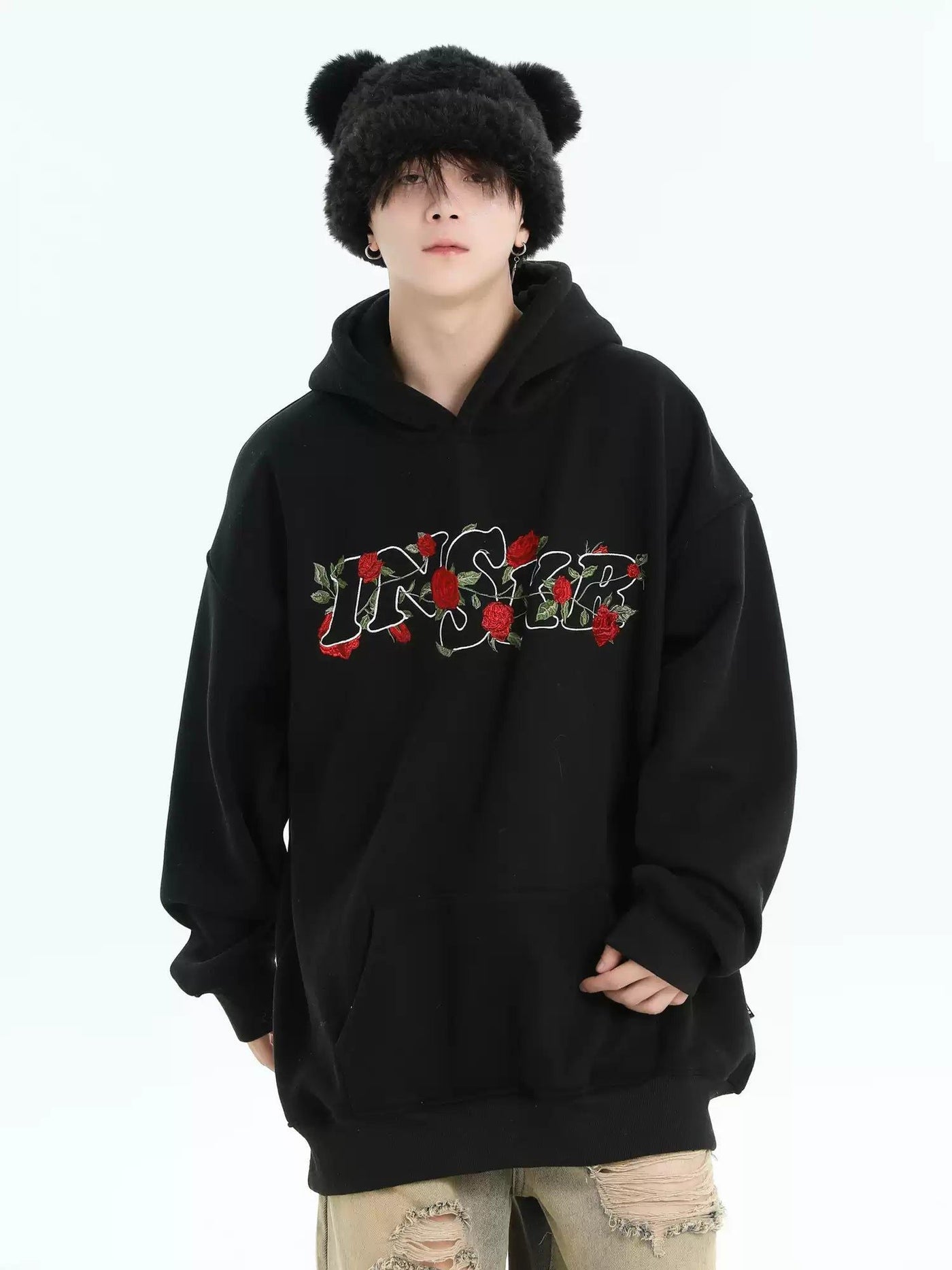 Rose Stitch Logo Hoodie Korean Street Fashion Hoodie By INS Korea Shop Online at OH Vault