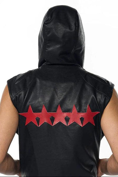 Stars Patched Hooded PU Leather Vest Korean Street Fashion Vest By Slim Black Shop Online at OH Vault