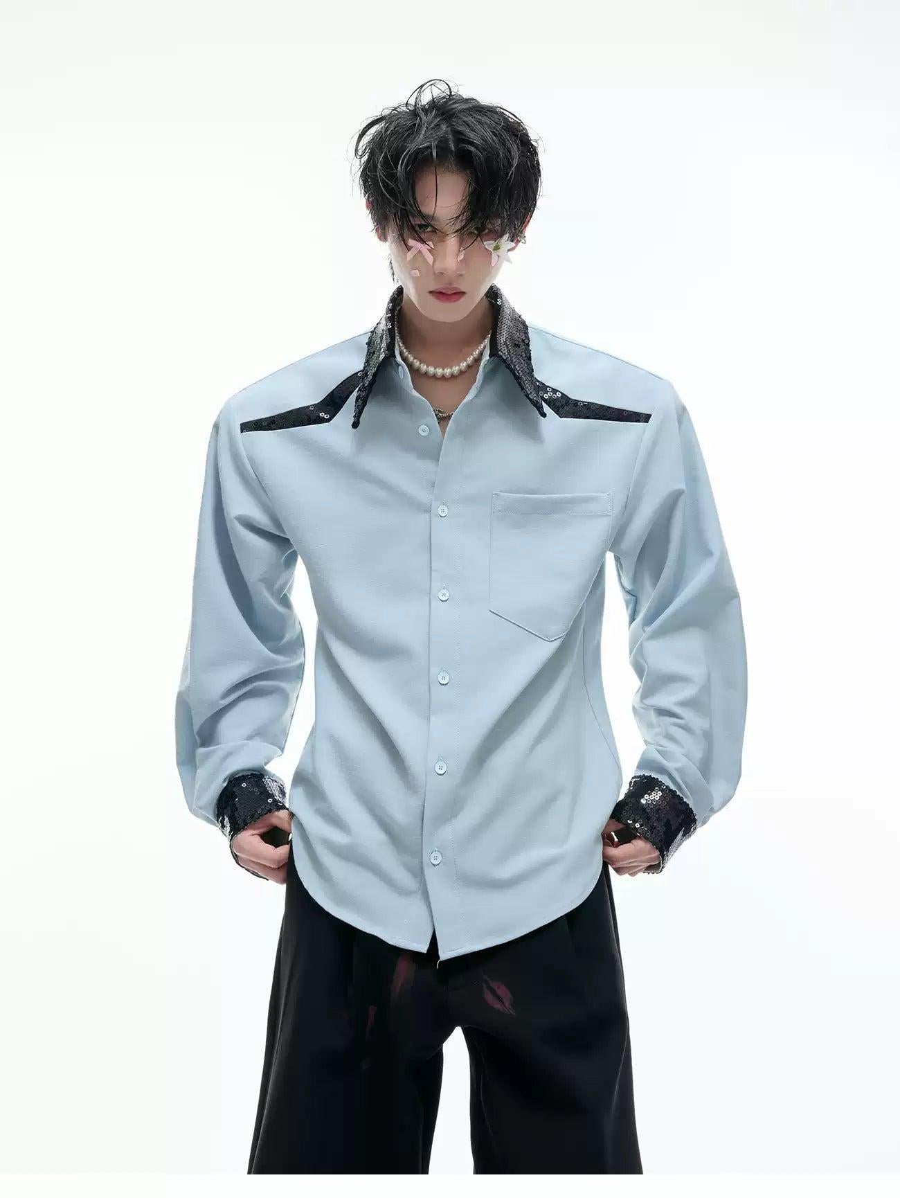 Sequin Stitched Contrast Shirt Korean Street Fashion Shirt By Argue Culture Shop Online at OH Vault