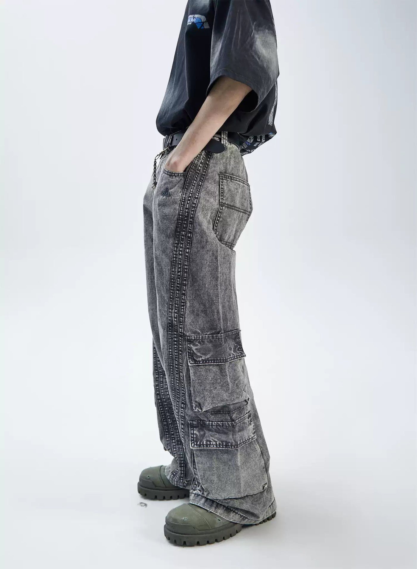 Washed Multi-Seamed Jeans Korean Street Fashion Jeans By Ash Dark Shop Online at OH Vault