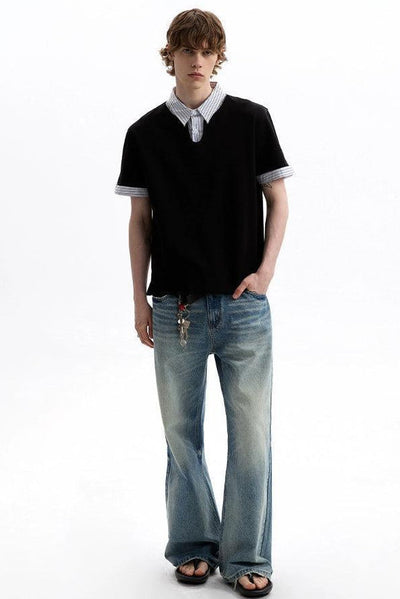 Layered Striped Collar T-Shirt Korean Street Fashion T-Shirt By A PUEE Shop Online at OH Vault