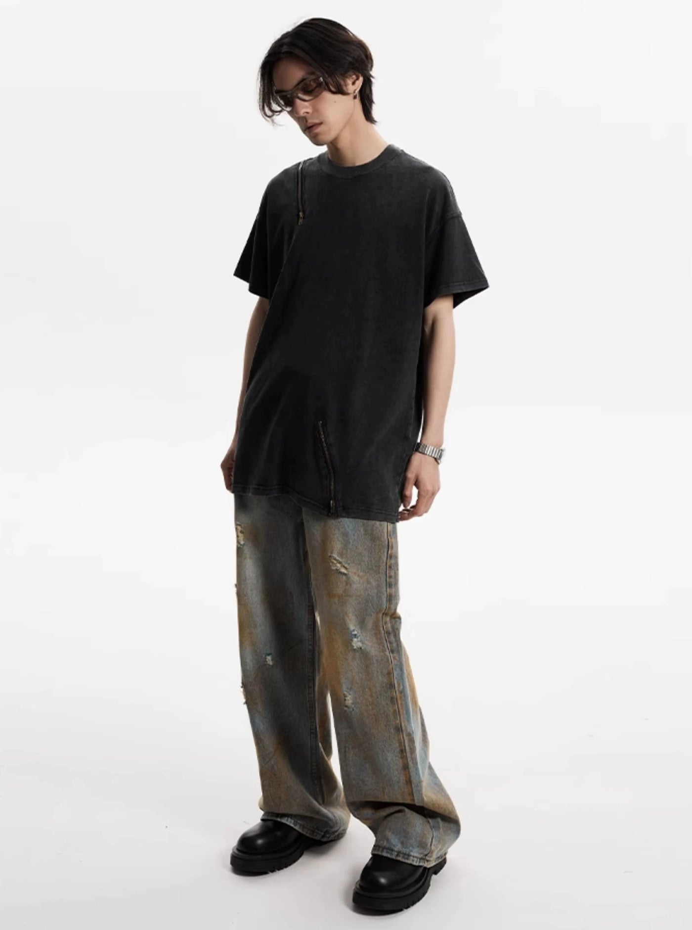 Washed Zipper Details T-Shirt Korean Street Fashion T-Shirt By A PUEE Shop Online at OH Vault