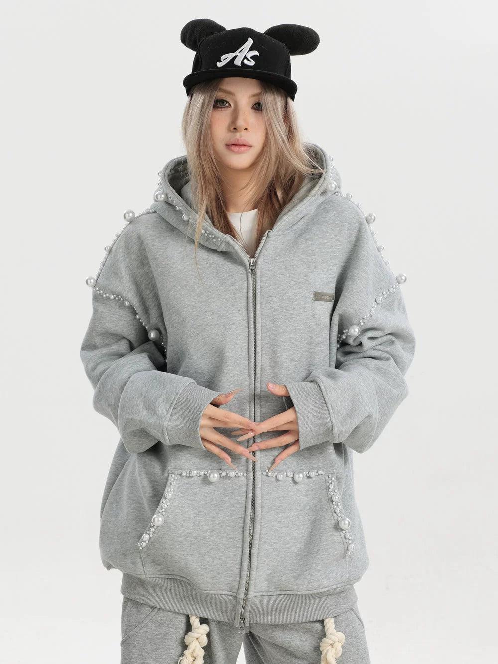 Irregular Pearl Detail Zip-Up Hoodie Korean Street Fashion Hoodie By INS Korea Shop Online at OH Vault