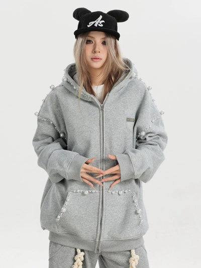 Irregular Pearl Detail Zip-Up Hoodie Korean Street Fashion Hoodie By INS Korea Shop Online at OH Vault