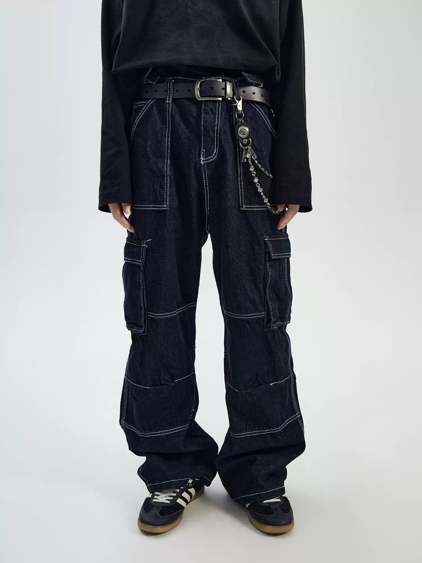 Stitched Line Structured Cargo Jeans Korean Street Fashion Jeans By Ash Dark Shop Online at OH Vault