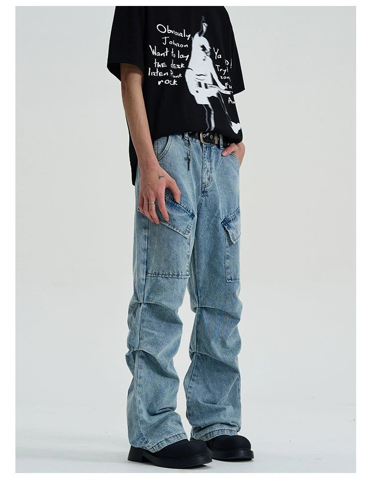 Pleated Slim Fit Cargo Jeans Korean Street Fashion Jeans By A PUEE Shop Online at OH Vault