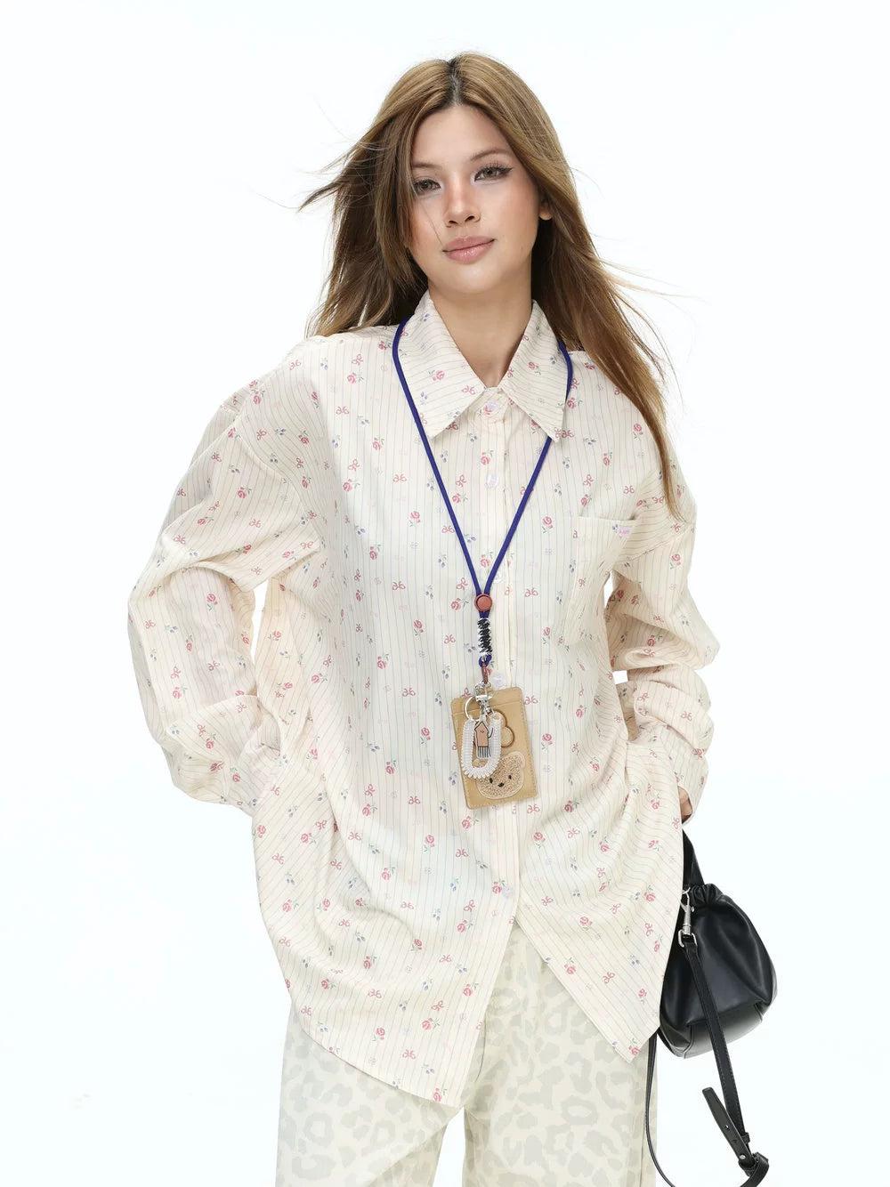 Floral Pattern Striped L/S Shirt Korean Street Fashion Shirt By INS Korea Shop Online at OH Vault
