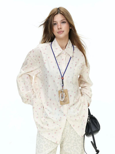 Floral Pattern Striped L/S Shirt Korean Street Fashion Shirt By INS Korea Shop Online at OH Vault
