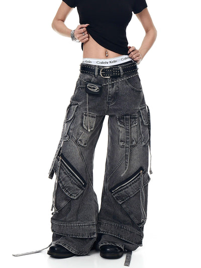 Tilted and Strapped Pockets Jeans Korean Street Fashion Jeans By Blacklists Shop Online at OH Vault