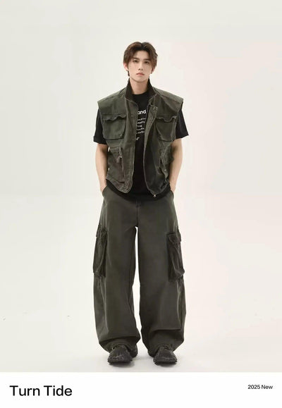 Washed Pocket Detail Denim Vest & Loose Fit Cargo Pants Set Korean Street Fashion Clothing Set By Turn Tide Shop Online at OH Vault