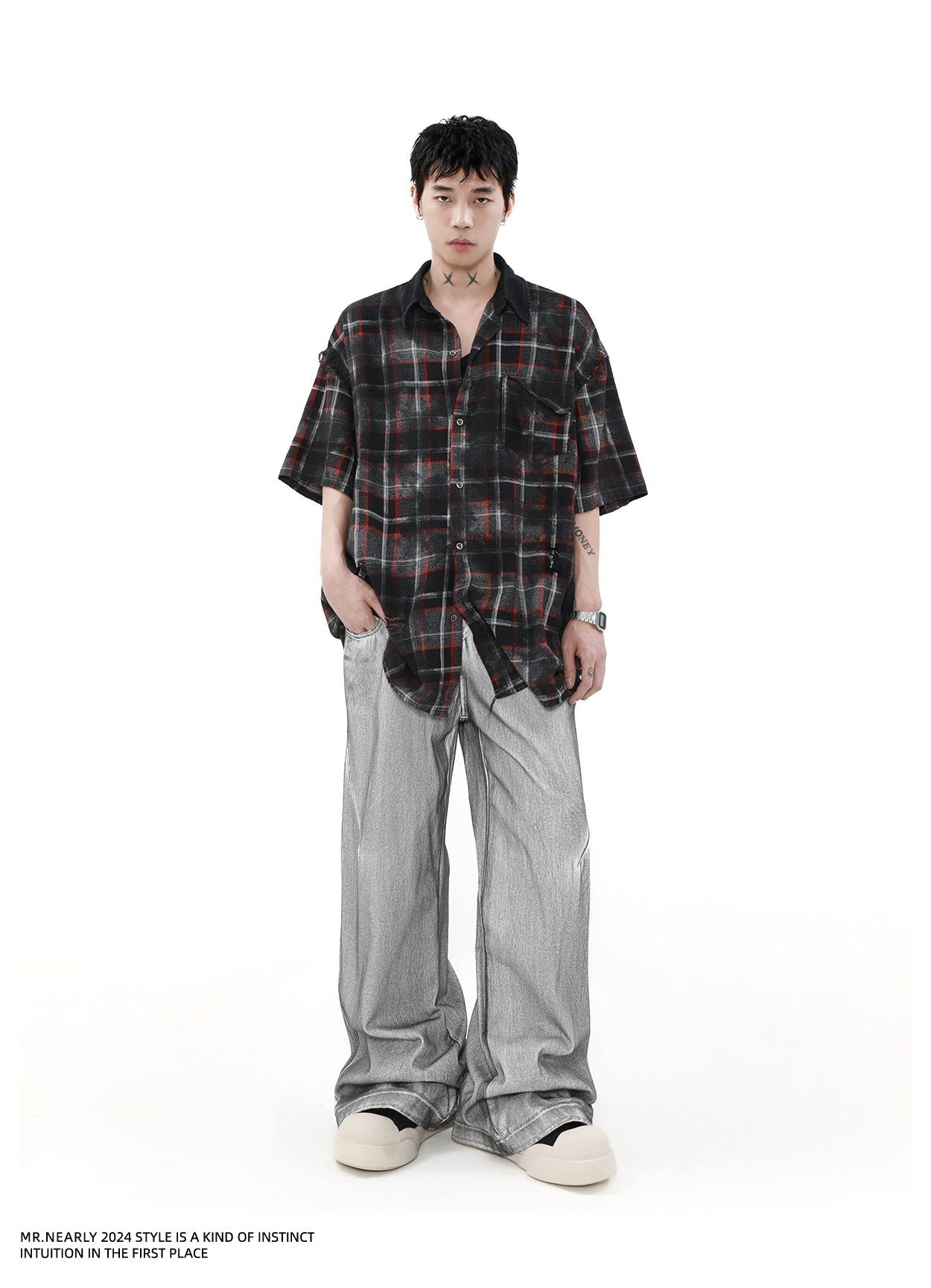 Distressed Dark Plaid Shirt Korean Street Fashion Shirt By Mr Nearly Shop Online at OH Vault
