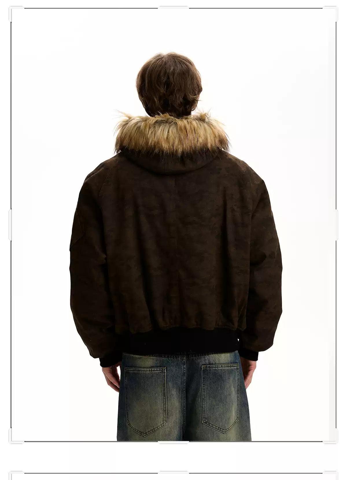 Fur-Trim Hood Camo Bomber Jacket Korean Street Fashion Jacket By A PUEE Shop Online at OH Vault