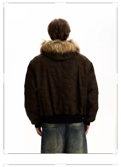Fur-Trim Hood Camo Bomber Jacket Korean Street Fashion Jacket By A PUEE Shop Online at OH Vault