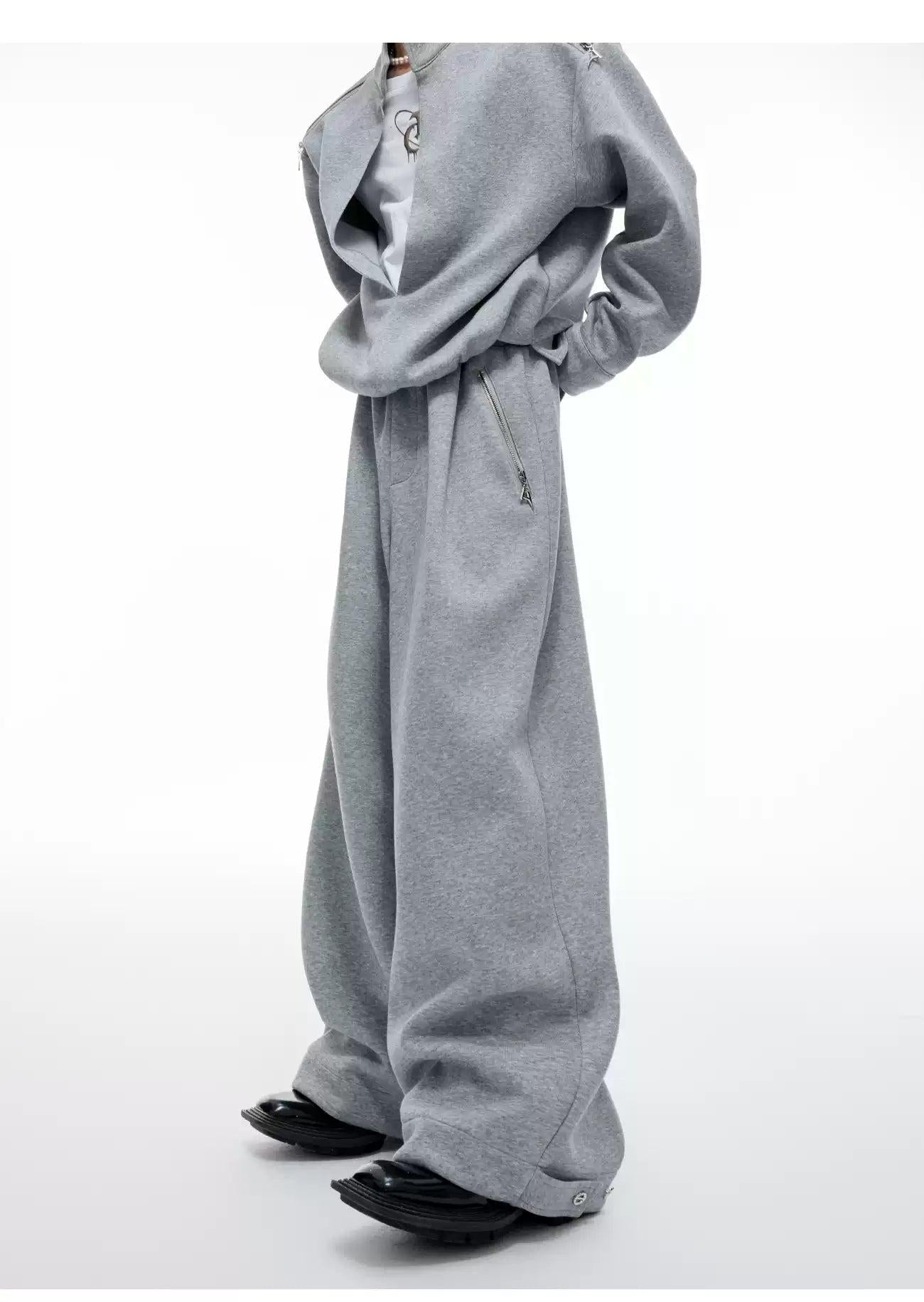 Layered Zipped Detail Crewneck & Wide Leg Sweatpants Set Korean Street Fashion #REF! By Argue Culture Shop Online at OH Vault