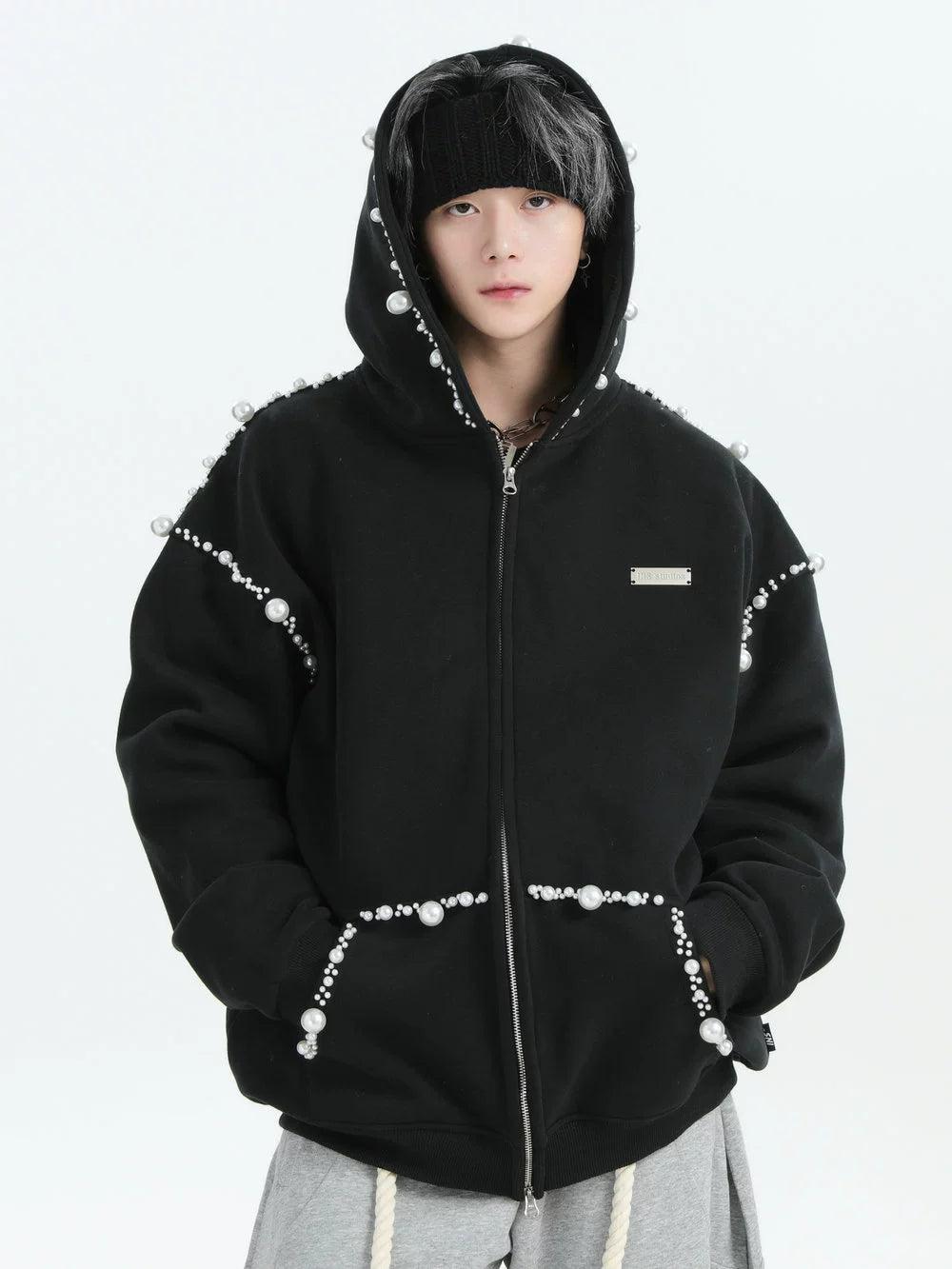 Irregular Pearl Detail Zip-Up Hoodie Korean Street Fashion Hoodie By INS Korea Shop Online at OH Vault
