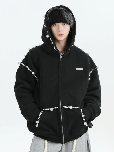 Irregular Pearl Detail Zip-Up Hoodie Korean Street Fashion Hoodie By INS Korea Shop Online at OH Vault