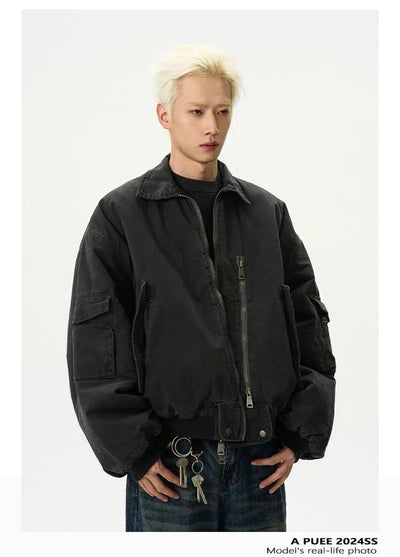 Faded Zipped Pocket Short Jacket Korean Street Fashion Jacket By A PUEE Shop Online at OH Vault