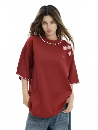 Cherry Blossom Beaded T-Shirt Korean Street Fashion T-Shirt By INS Korea Shop Online at OH Vault