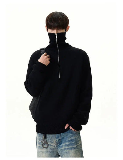 High Collar Ribbed Knit Half-Zip Korean Street Fashion Half-Zip By A PUEE Shop Online at OH Vault