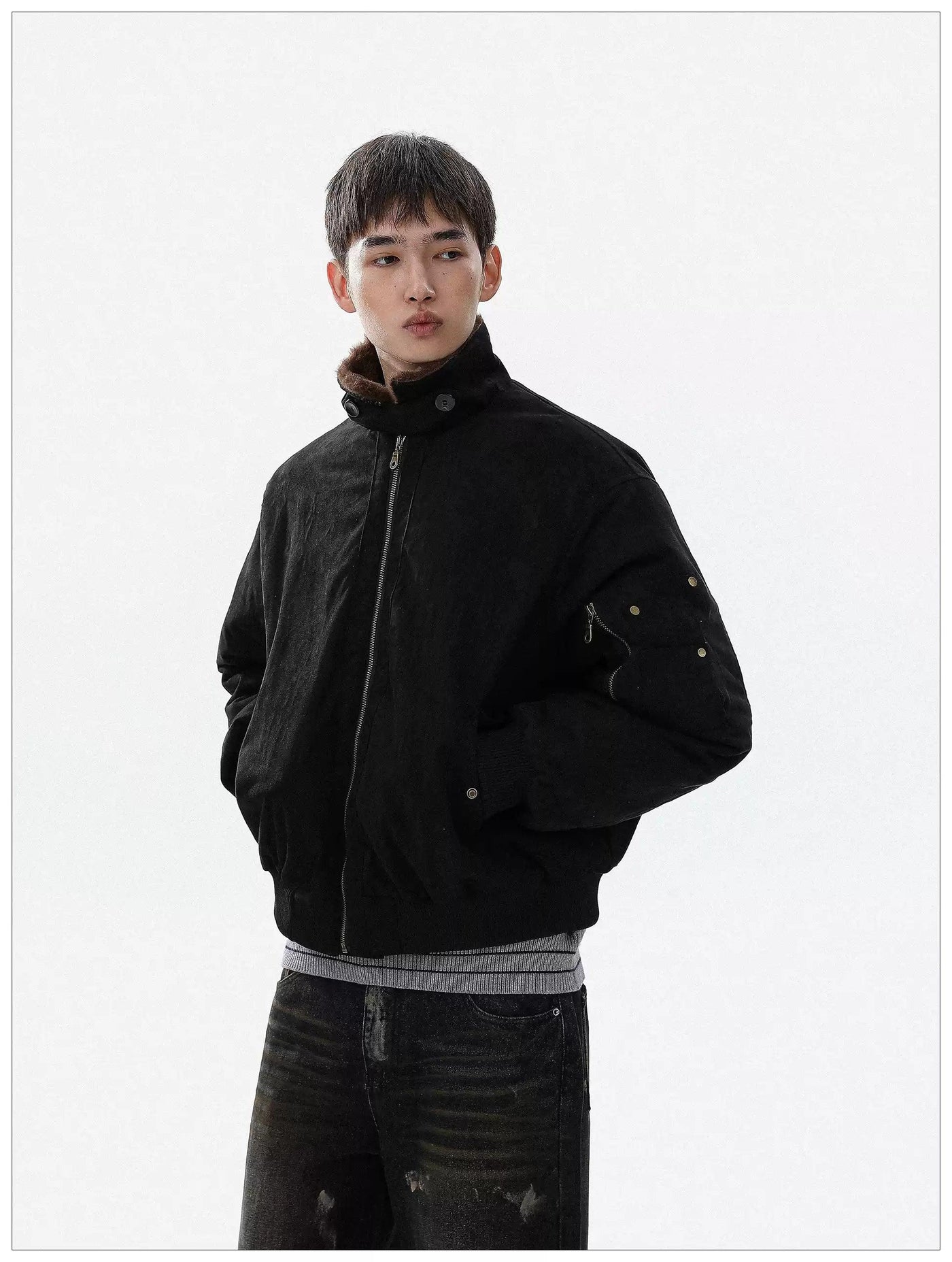 Fur-Trimmed Ribbed Hem Bomber Jacket Korean Street Fashion Jacket By Mr Nearly Shop Online at OH Vault