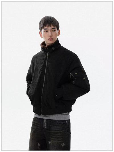 Fur-Trimmed Ribbed Hem Bomber Jacket Korean Street Fashion Jacket By Mr Nearly Shop Online at OH Vault