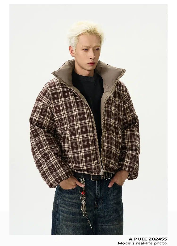 Plaid Quilted Reversible Puffer Jacket Korean Street Fashion Jacket By A PUEE Shop Online at OH Vault