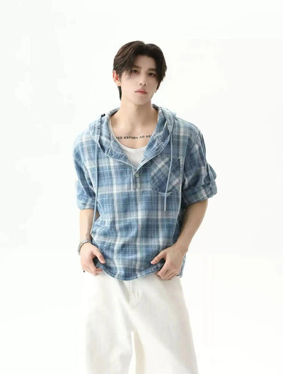 Drawstring Plaid Half-Buttoned Hooded Shirt Korean Street Fashion Shirt By Turn Tide Shop Online at OH Vault