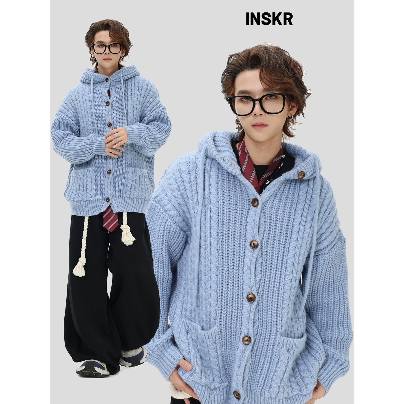 Multi-Pattern Buttoned Hooded Sweater Korean Street Fashion Sweater By INS Korea Shop Online at OH Vault