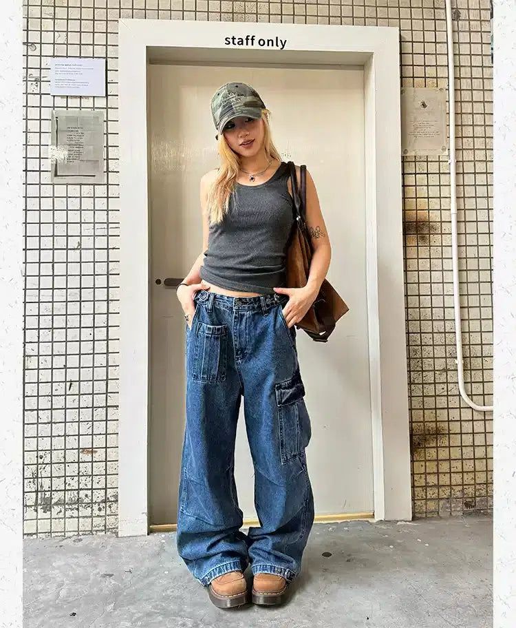 Washed Adjusted Waist Baggy Cargo Jeans Korean Street Fashion Jeans By Made Extreme Shop Online at OH Vault