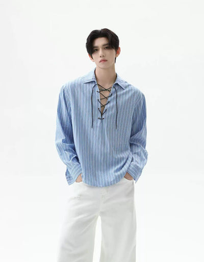 Drawstring Striped V-Neck Shirt Korean Street Fashion Shirt By Turn Tide Shop Online at OH Vault
