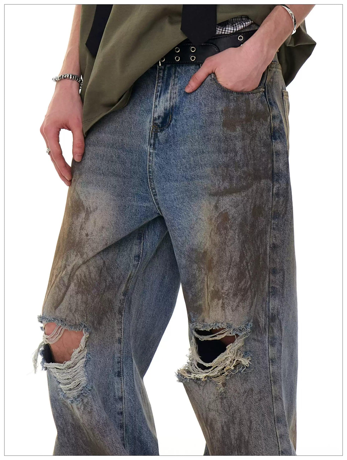Dirt Smudged Ripped Straight Jeans Korean Street Fashion Jeans By Mr Nearly Shop Online at OH Vault