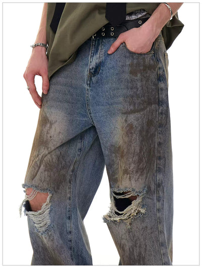 Dirt Smudged Ripped Straight Jeans Korean Street Fashion Jeans By Mr Nearly Shop Online at OH Vault