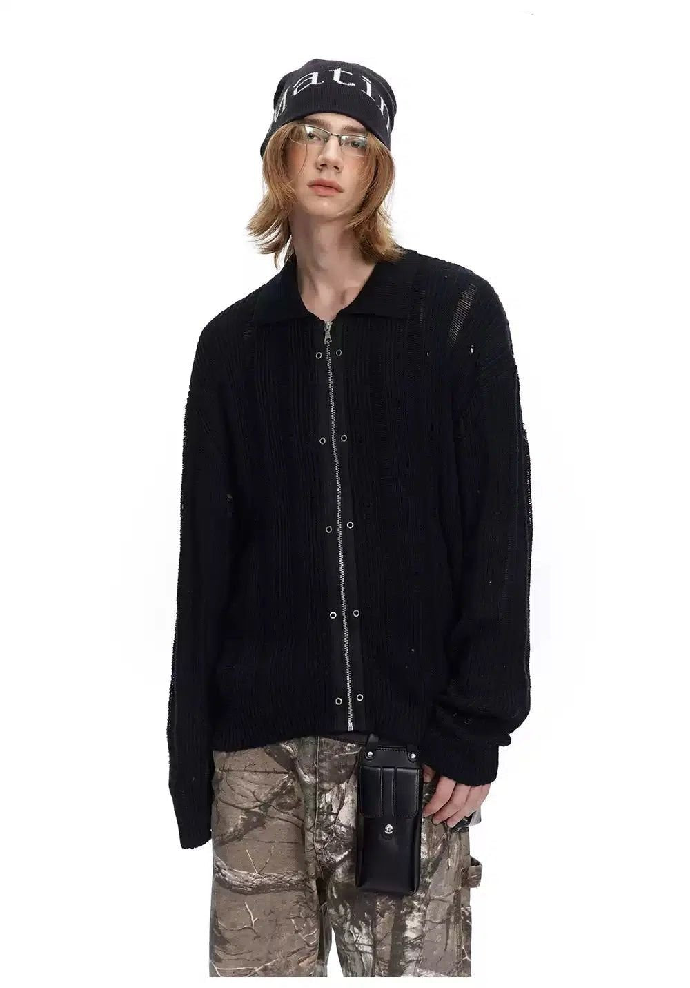 Hollowed Knit Collared Jacket Korean Street Fashion Jacket By Made Extreme Shop Online at OH Vault