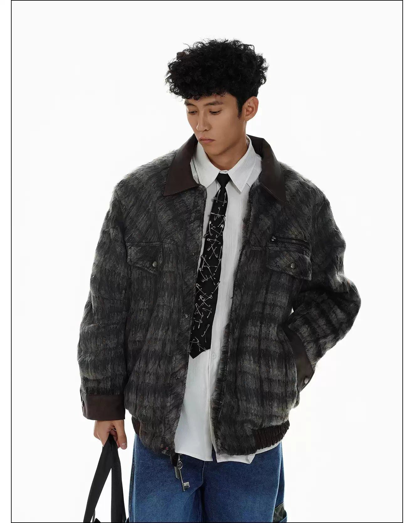 Fuzzy Spliced Plaid Jacket Korean Street Fashion Jacket By Mr Nearly Shop Online at OH Vault