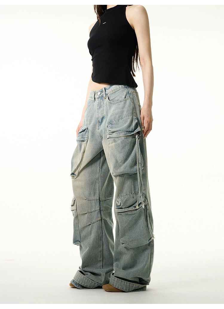 Faded Strap Baggy Cargo Jeans Korean Street Fashion Jeans By 77Flight Shop Online at OH Vault
