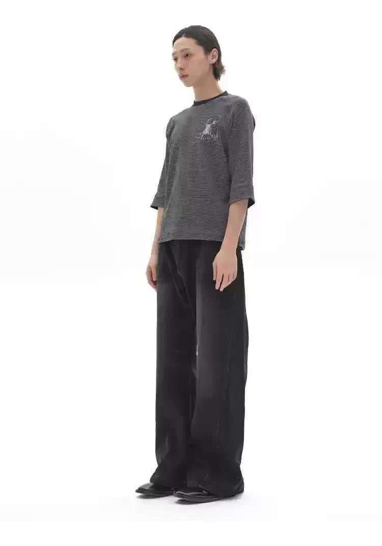Pinstripe Mid-Length Sleeve T-Shirt Korean Street Fashion T-Shirt By Pioneer of Heroism Shop Online at OH Vault