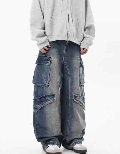 Wide Multi-Pockets Faded Jeans Korean Street Fashion Jeans By Blacklists Shop Online at OH Vault