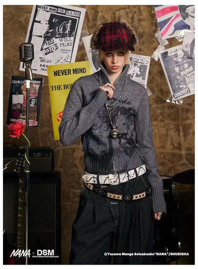 Stand Collar Graphic Print Zipped Sweater Korean Street Fashion Sweater By Donsmoke Shop Online at OH Vault