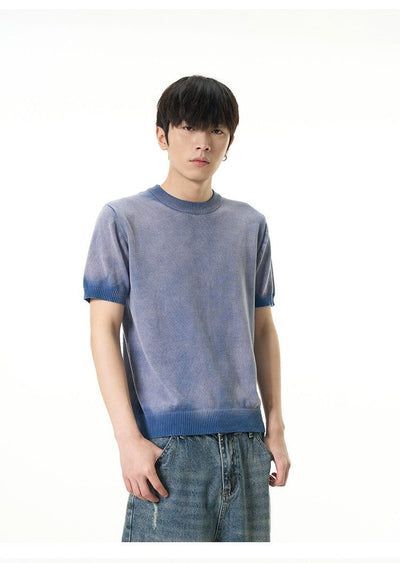 Gradient Tie-Dyed Knit T-Shirt Korean Street Fashion T-Shirt By 77Flight Shop Online at OH Vault