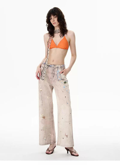 Washed Embroidered Flared Jeans Korean Street Fashion Jeans By 77Flight Shop Online at OH Vault